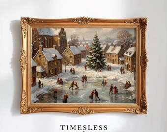 Vintage Christmas Village Scene - Cozy Winter Ice Skating, Festive Holiday Painting, Printable Classic Holiday Wall Art, Digital Download 50