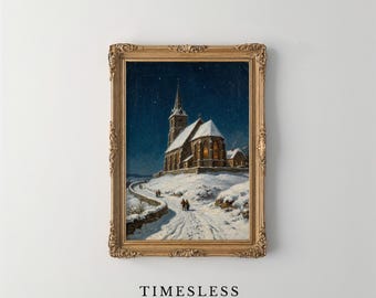 Scène d'église d'hiver de mauvaise humeur imprimable - église enneigée vintage sur la colline, art classique de nuit de vacances, impression d'hiver serein, ciel étoilé téléchargement 34