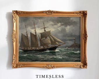 Vintage Tall Ship in Stormy Seas Printable - Dramatic Nautical Landscape Art, Moody Maritime Decor, Historic Sailing Digital Download 89