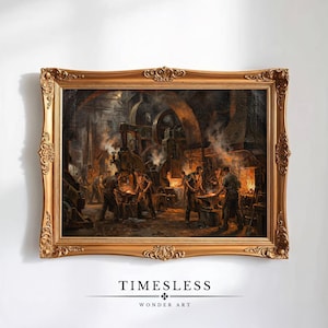 May include: An antique-style framed print depicting a blacksmith shop scene. The artwork features multiple figures working with fire and metal, with machinery in the background. The frame is ornate and gold-colored, with the text "TIMELESS WONDER ART" at the bottom.