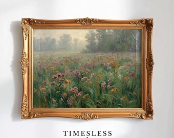 Prato di fiori selvatici pastorali d'epoca - Paesaggio di campagna sereno con tenui toni pastello, arte naturalistica Cottagecore stampabile, download digitale 17