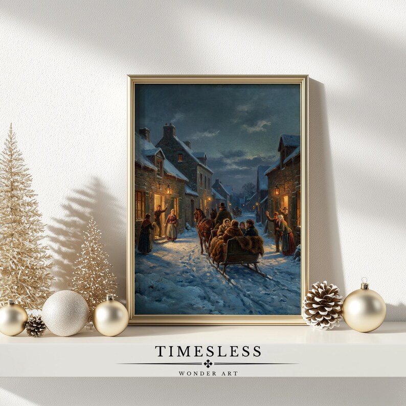Rustic Sleigh Rides Vintage Winter Night Village Sleigh Ride - Festive Horse-drawn Sleigh ...