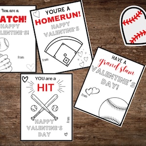 Baseball Valentine Cards, Heart Edition, Able to Color to Leave as is, Instant Digital Download, Printable