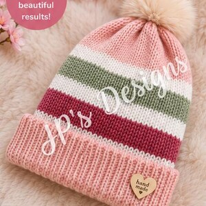 Blush & Sage Stripe Beanie Knitting Machine Pattern - 48 Pin Sentro, Addi - Beginner PDF Download - Toddler, Child, Adult Sizes