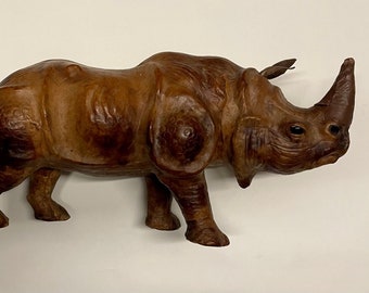 Vintage Leather Wrapped Rhinoceros Art Sculpture Statue African Figure 18" Large glass eyes MCM