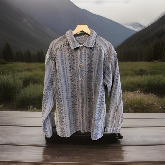 Gramicci, Vtg Gramicci Button Up Shirt Aztec Heavy Textured Weave USA Geometric 90s