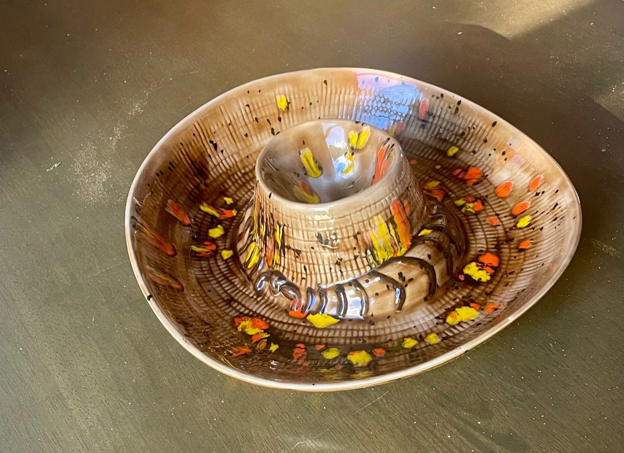 Ceramic Hat Chip and Dip Bowl Vintage Mexican Fiesta Sombrero 1980