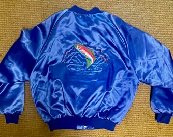 vintage satin jacket large bomber trout fish blue 1970s men's