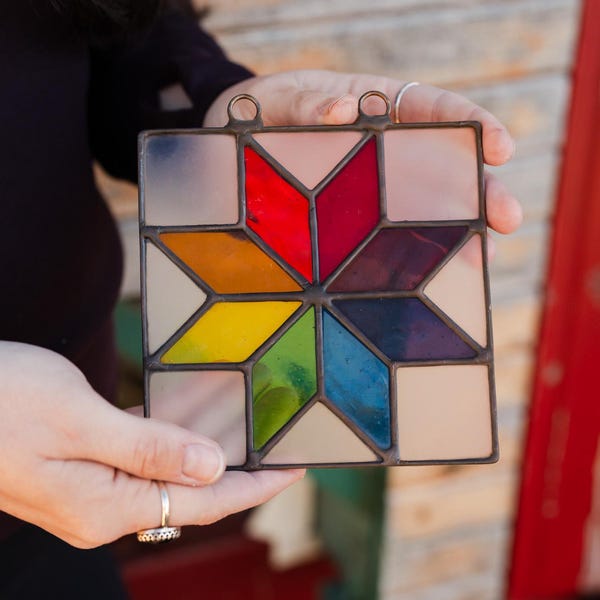 Quilt Square Stained Glass, Quilt Suncatcher, Eight Point Star Stained Glass, Quilt Stained Glass, Stained Glass, Appalachian Glass Art