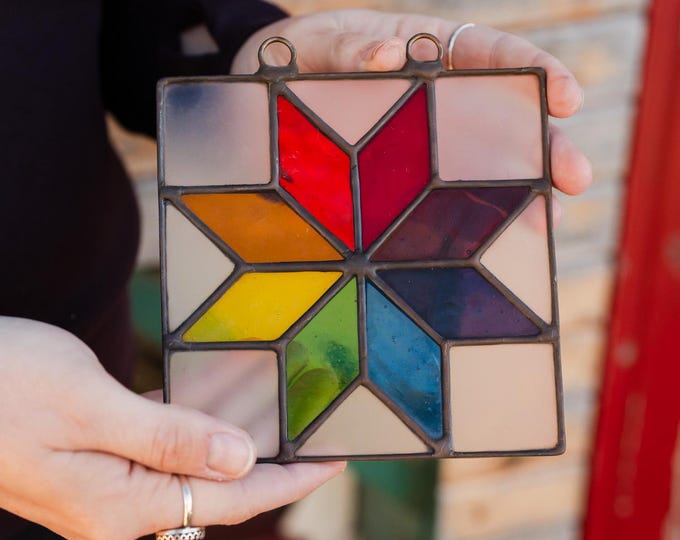 Quilt Square Stained Glass, Quilt Suncatcher, Eight Point Star Stained Glass, Quilt Stained Glass, Stained Glass, Appalachian Glass Art