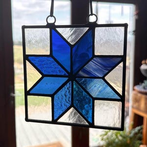 Quilt Stained Glass, Blue Suncatcher, Star Stained Glass, Stained Glass, Appalachian Art, Star Decor, Retro Vibe, Gift for her, Mothers Day