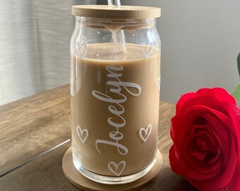 Glass Heart Can Cup | Bamboo Cup | Iced Coffee Glass Cup | Beer Can Glass | Libbey Can Cup | Custom Personalized Can Glass | Bridesmaid Gift