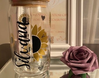 Sunflower Can Cup | Bamboo Cup | Iced Coffee Glass Cup | Beer Can Glass | Libbey Can Cup | Custom Personalized Can Glass | Bridesmaid Gift