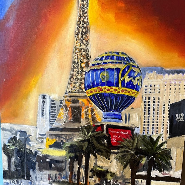Vibrant Las Vegas Landscape Oil Painting of Paris Hotel | Cuban Artist Yoandy Hernandez | Canvas Board Art | Las Vegas Strip Art | Landscape