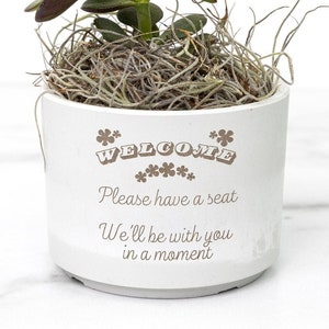 May include: White ceramic planter with the words "WELCOME" and "Please have a seat. We'll be with you in a moment."  A small green plant is growing in the planter.