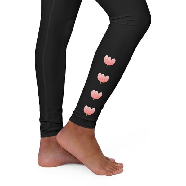 Leggings Black Tulip Leggings Women's Spandex Leggings Printed Leggings Yoga Pants Garden Lover Clothes Black and Pink Skinny Fit Pants