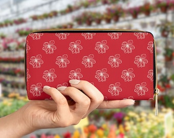 Wallet Red Floral Gift For Mothers Day Gardener Clutch Minimalist Zippered Purse White Credit Card Holder with Coin Purse