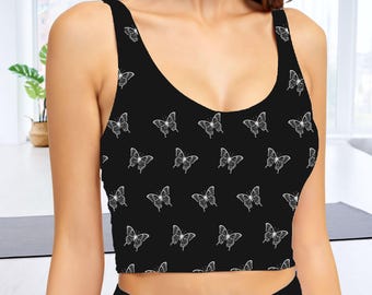 Sports Bra Stylish Women's Yoga Top Black Flame Butterfly Activewear Removable Pads