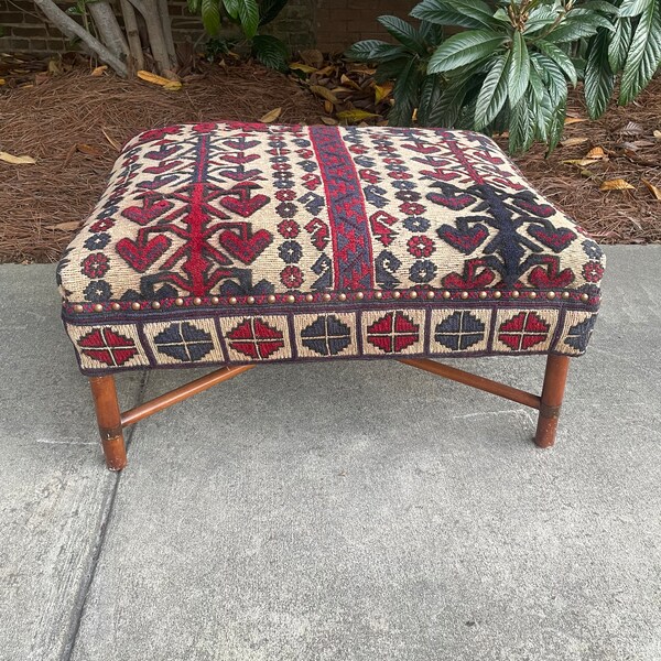 Vintage large rug ottoman upholstered with high low hand knitted rug