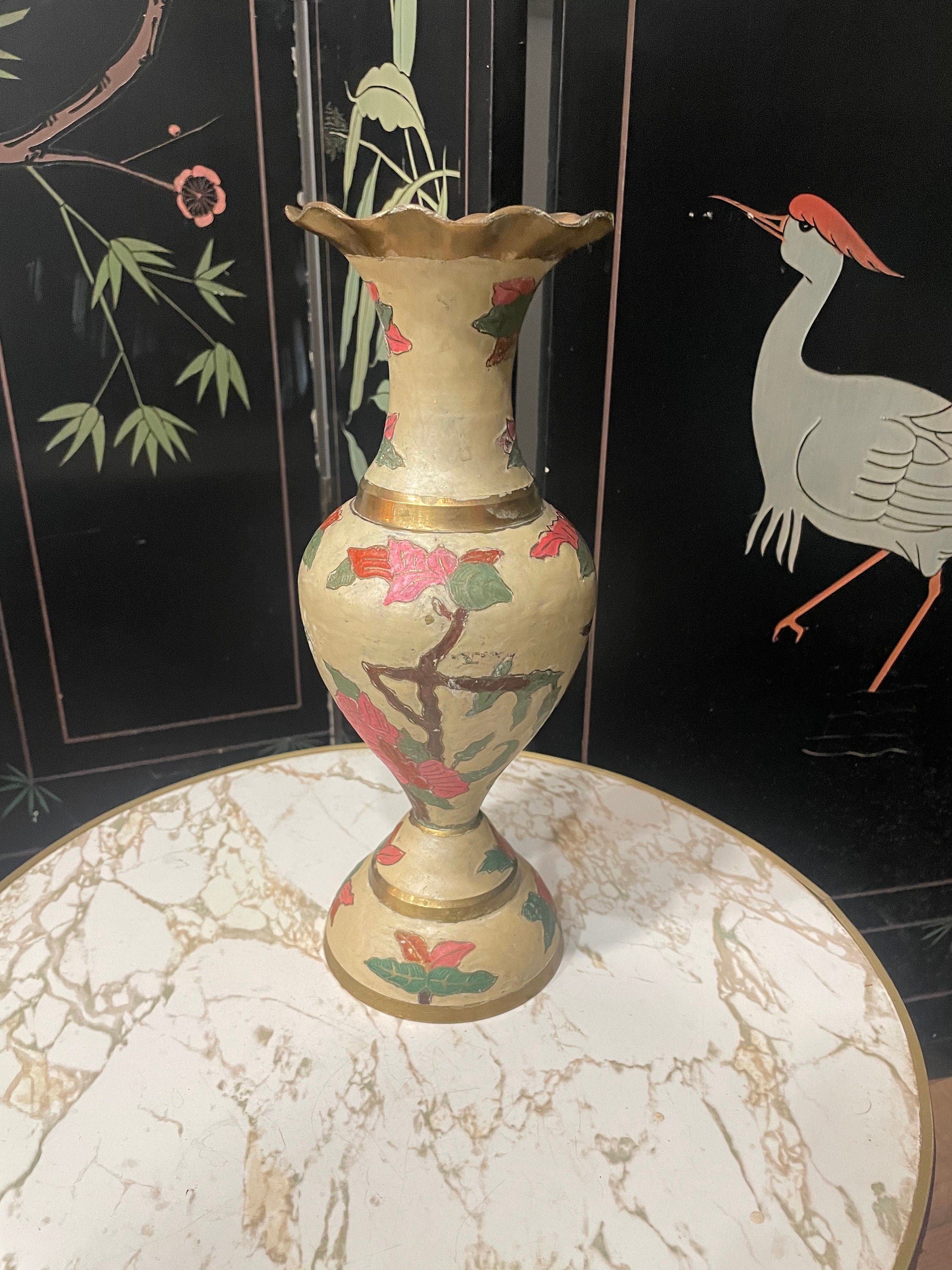 Vintage 36cm Brass Vase Hand Painted and Etched – Maravi