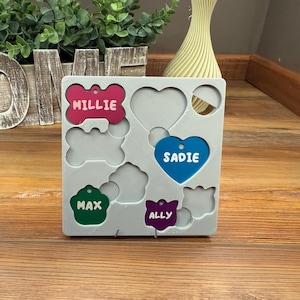 May include: A gray silicone mold with different shapes for making pet ID tags. The mold includes a bone, paw print, heart, and cat shapes. The mold is filled with colorful resin tags with the names "Millie", "Max", "Sadie", and "Ally" written on them.