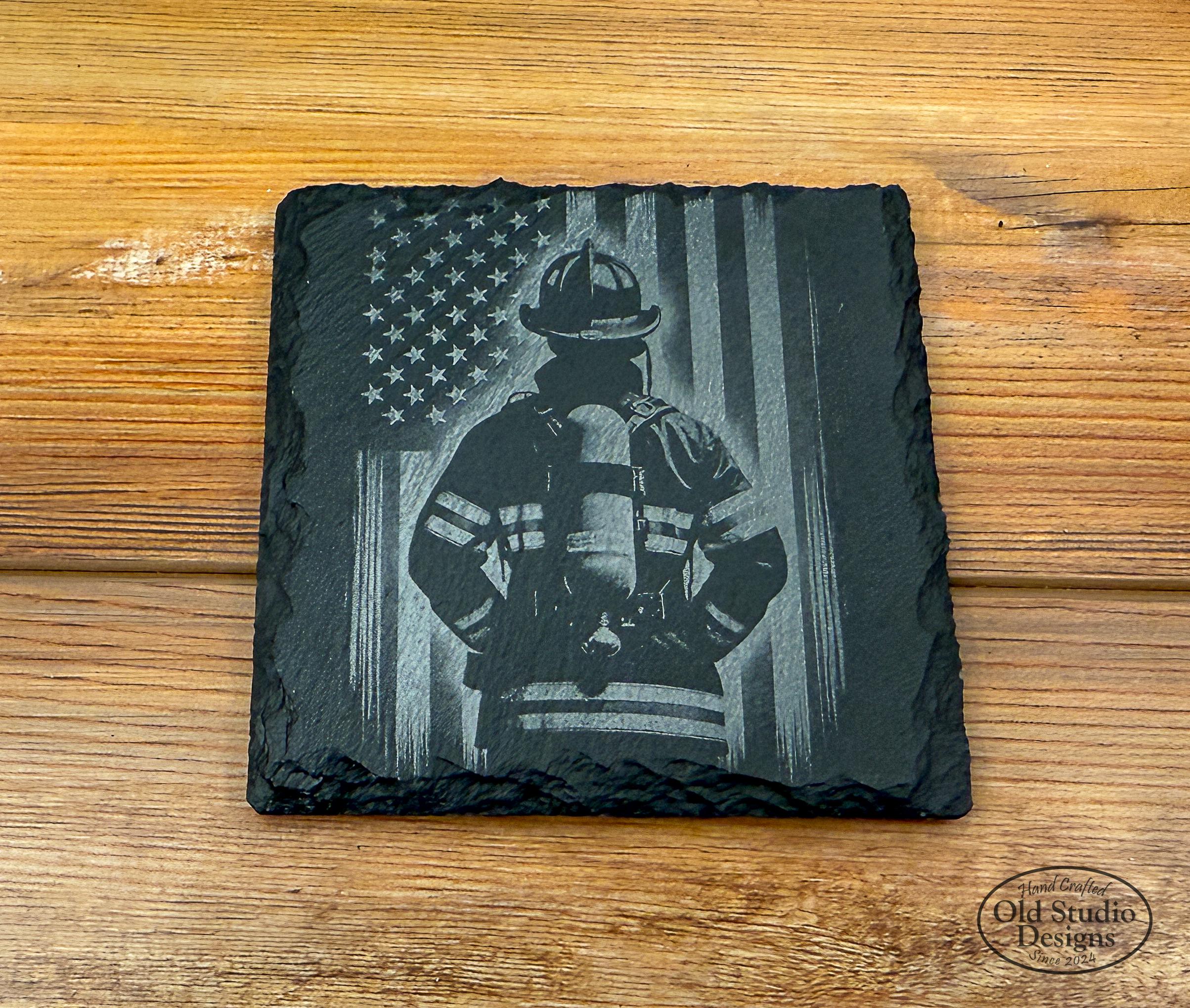 Patriotic Firefighter Slate Coasters: Laser Engraved American Flag, Set ...
