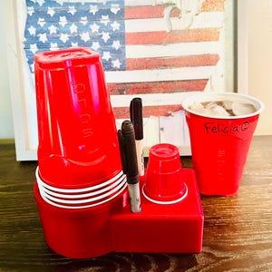 Plastic Cup & Shot Glass Holder with Marker Slots – Holds 2 Markers – Party Table Accessory
