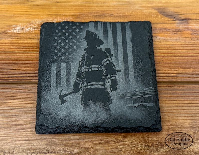 Patriotic Firefighter Slate Coasters: Laser Engraved American Flag, Set ...