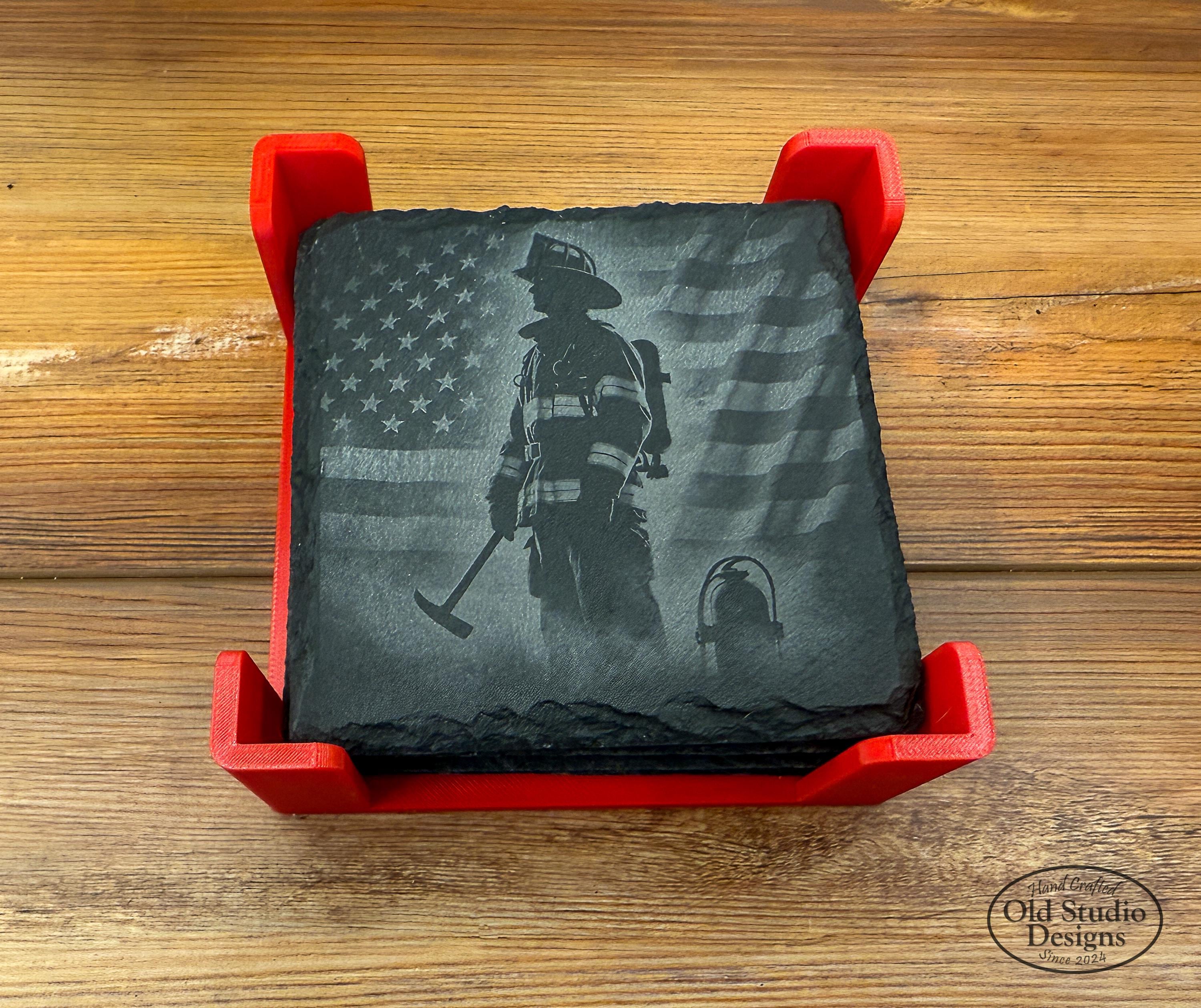 Patriotic Firefighter Slate Coasters: Laser Engraved American Flag, Set ...