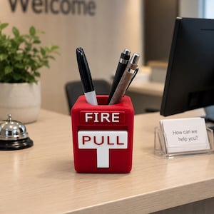May include: A red pen holder shaped like a fire alarm box, with the words "FIRE PULL" in white. The holder contains a black marker and two pens. The background includes a desk, a computer monitor, and a sign that says "Welcome".