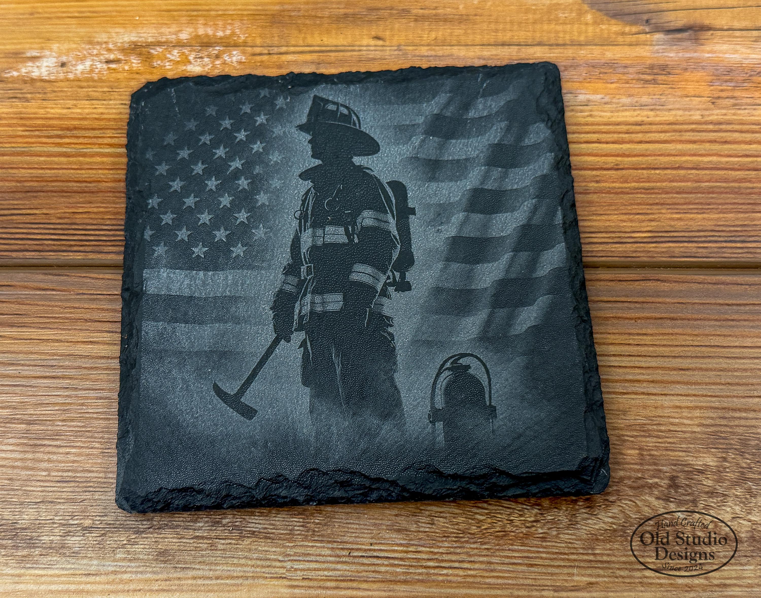 Patriotic Firefighter Slate Coasters: Laser Engraved American Flag, Set ...