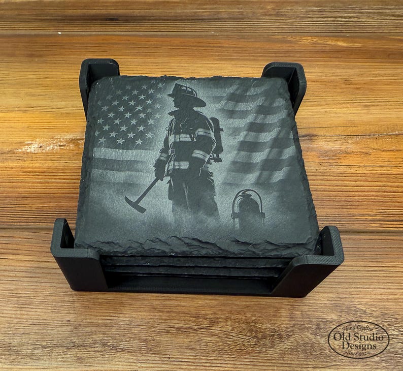 Patriotic Firefighter Slate Coasters: Laser Engraved American Flag, Set ...