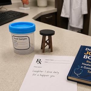 May include: A clear plastic specimen container with a blue lid labeled Stool Sample, a miniature brown and black stool, and a white prescription pad with the text Laughter: 1 dose daily for a happier you, next to a blue book with a stethoscope graphic.