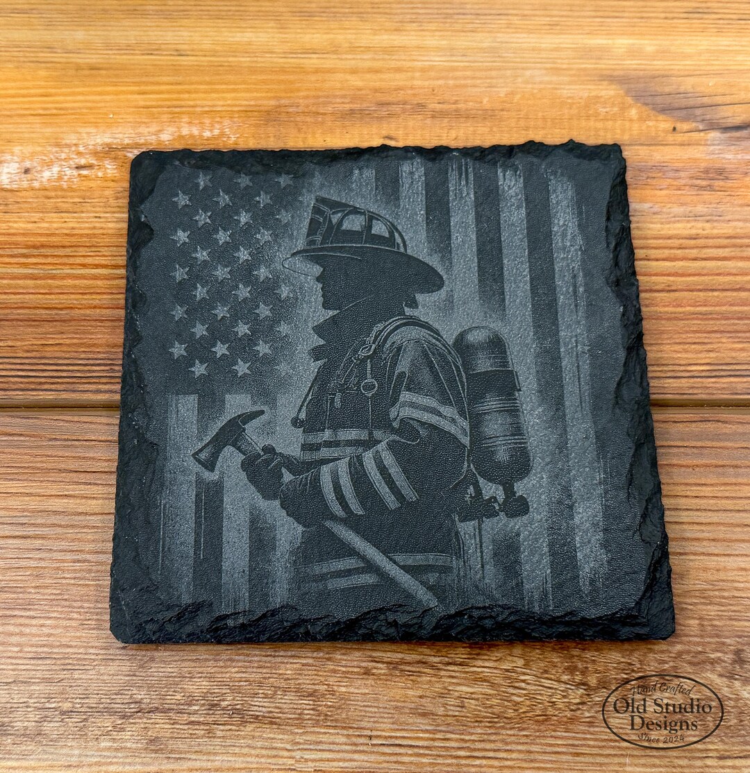 Laser Engraved 4-inch Slate Coaster - Firefighter With Patriotic ...