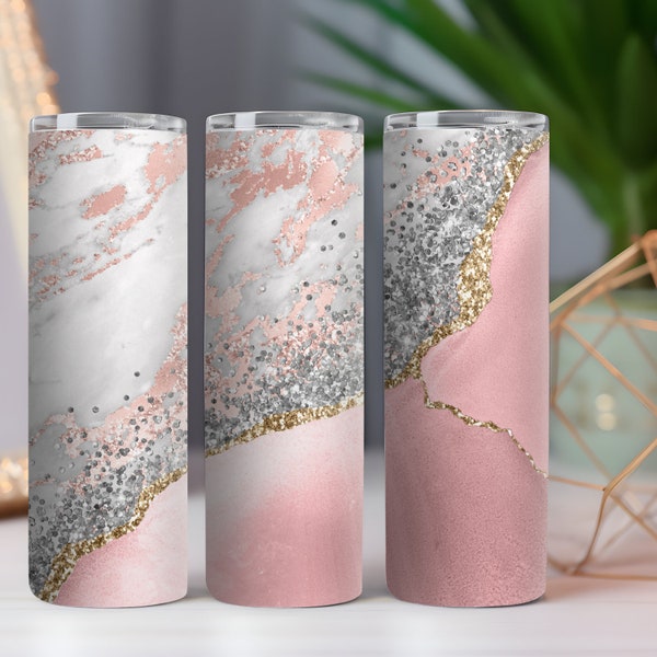 Agate Pink Marble Glitter Sublimation Tumbler Wrap Design, 20oz Skinny Tumbler Templates Png commercial use