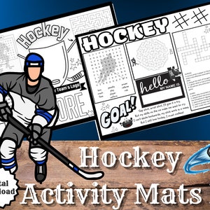 Puede incluir: Una alfombra de actividades de hockey imprimible con una ilustración en blanco y negro de un jugador de hockey, una búsqueda de palabras, un laberinto, un crucigrama y el texto "Hockey Activity Mats II".