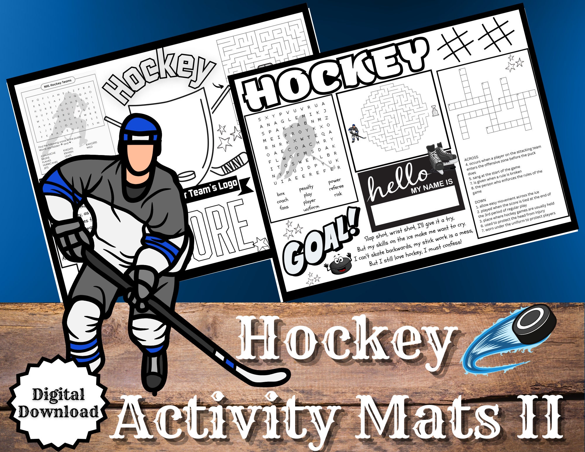 Hockey Coloring Placemat II, Pack of 2, Digital File, Printable, Standard  8.5\, image size:2000x1545