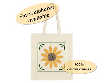 Yellow Flower Monogram Cotton Canvas Tote Bag