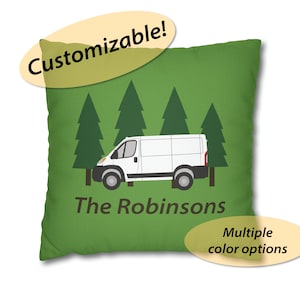 May include: Green throw pillow with a white van and three green trees in a forest setting. The text "The Robinsons" is printed below the van. The pillow is customizable and has multiple color options.