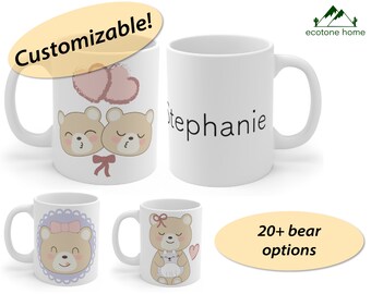 Personalized Bear Mug | Custom Text Teddy Bear Mug | Gardening, Painting, Reading Theme, and More | Add Custom Name, Message, Dates