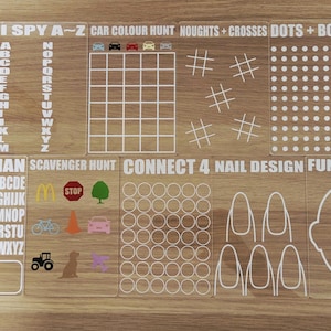 Dry Erase Travel Games: Connect 4, Hangman, Car Color Hunt, I Spy, Scavenger Hunt