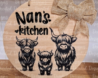 Personalized Highland Cow Oak Veneer Door Sign: 30cm Plaque
