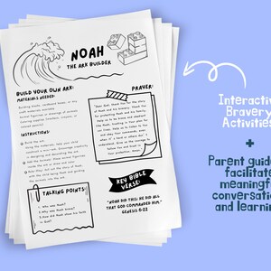May include: Black and white printable activity sheet for kids featuring Noah's Ark. The sheet includes instructions for building a model ark, talking points, a prayer, and a key bible verse. The sheet is part of an interactive bravery activity set for parents to facilitate meaningful conversations and learning with their children.