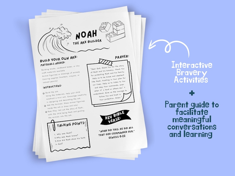 May include: Black and white printable activity sheet for kids featuring Noah's Ark. The sheet includes instructions for building a model ark, talking points, a prayer, and a key bible verse. The sheet is part of an interactive bravery activity set for parents to facilitate meaningful conversations and learning with their children.