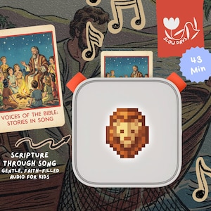 Puede incluir: Un reproductor de audio blanco con un acento naranja, con un gráfico de león pixelado. La imagen incluye una tarjeta con el texto "VOICES OF THE BIBLE: STORIES IN SONG" y las palabras "SCRIPTURE THROUGH SONG GENTLE, FAITH-FILLED AUDIO FOR KIDS". Una pancarta roja muestra "SLOW DAYS" y "43 Min".