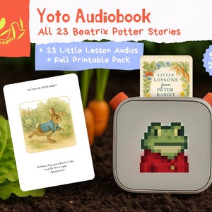 Op de afbeelding: Een Yoto Audiobook-set met verhalen van Beatrix Potter. De afbeelding toont een grijze speler met een pixelachtig kikkerontwerp, kaarten met Peter Rabbit-illustraties en tekst die luidt "Yoto Audiobook" en "All 23 Beatrix Potter Stories."