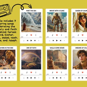 May include: A collage of seven cassette tape-style images, each featuring a different biblical story. The images are set against a yellow background. The text "Bundle includes 7 inspiring songs celebrating the bravery and faith of Biblical heroes: David, Esther, Daniel, Moses, Noah, Joshua, and Joseph." is at the top of the collage.