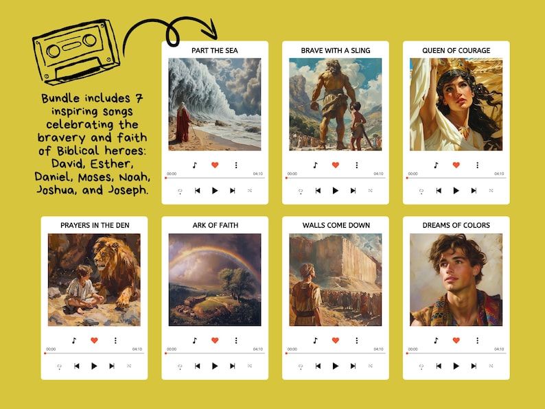 May include: A collage of seven cassette tape-style images, each featuring a different biblical story. The images are set against a yellow background. The text "Bundle includes 7 inspiring songs celebrating the bravery and faith of Biblical heroes: David, Esther, Daniel, Moses, Noah, Joshua, and Joseph." is at the top of the collage.