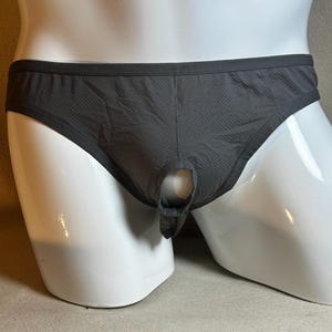 May include: Gray mesh underwear with a cutout detail in the front.