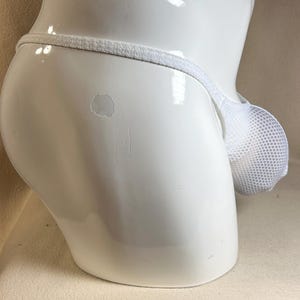 May include: White mesh thong underwear with a pouch. The underwear has a thin, white waistband and a mesh pouch. The garment is displayed on a white mannequin.